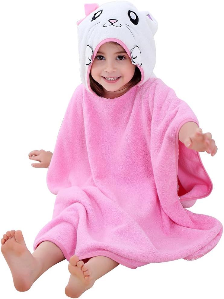 Weimei Children's Hooded Beach Poncho Bath Towel Beach Cloak, Lightweight Microfiber Cotton Wetsuit Animal Pattern Kids Robe Poncho Towel, Perfect for Kids 1-7 Years Old (Cat Hooded, Pink)