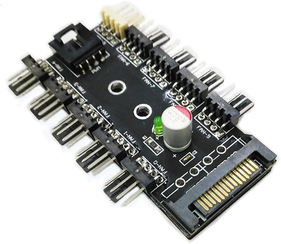 Chassis Fan Hub CPU Cooling HUB 10 Port 12V 3Pin/4 Pin Fan PWM Fan Hub Controller Power from SATA Interface