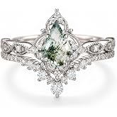 Jizuoku Moss Agate Ring Set Kite Cut Vintage Natural Moss Agate Rings for Women Bridal Set 925 Sterling Silver Rings with 18k White Gold Plated