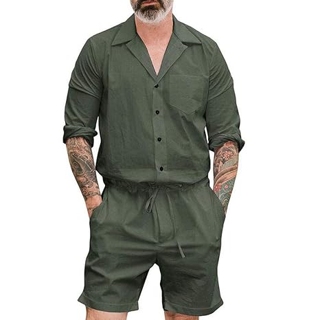Saingace Herren Sommerjumpsuit kurz Anzug Overall Onesie Jumpsuit Mode Reine Farben-große Kleidungs Knopfoverall