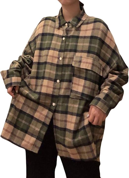 Amazon Mengfanレディース シャツ 原宿風 Bf風 シャツ ブラウス 夏 秋 トップス レディース レディース チェック柄 シャツ ゆったり シャツ シンプル 薄手 ファッション トップスグリーン シャツ ブラウス 通販