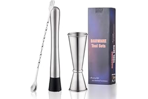 Gbuxska Muddler for Cocktails, 10 Inches Bar Spoon, 1 oz 2 oz Double Jigger- Premium 3 Piece Silver Mixing Tools Set for Drin