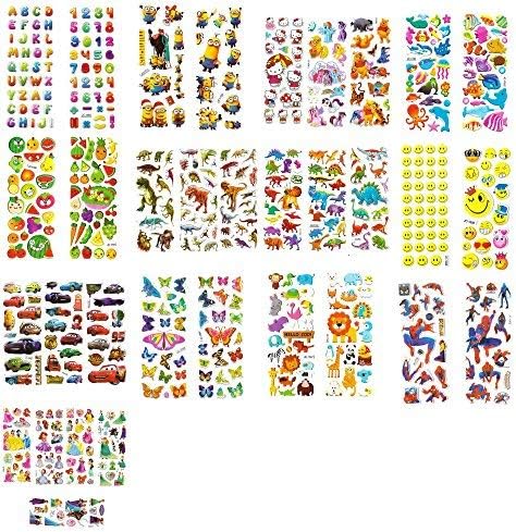 New Celebration 40 Sheets Assorted Mix Cute 3D Puffy Kids Stickers Craft Scrapbook Self Adhesive Reusable Cars Butterfly Jungle Animals Dinosaur Princess Spider-man Emoji Smiley Butterfly Animals