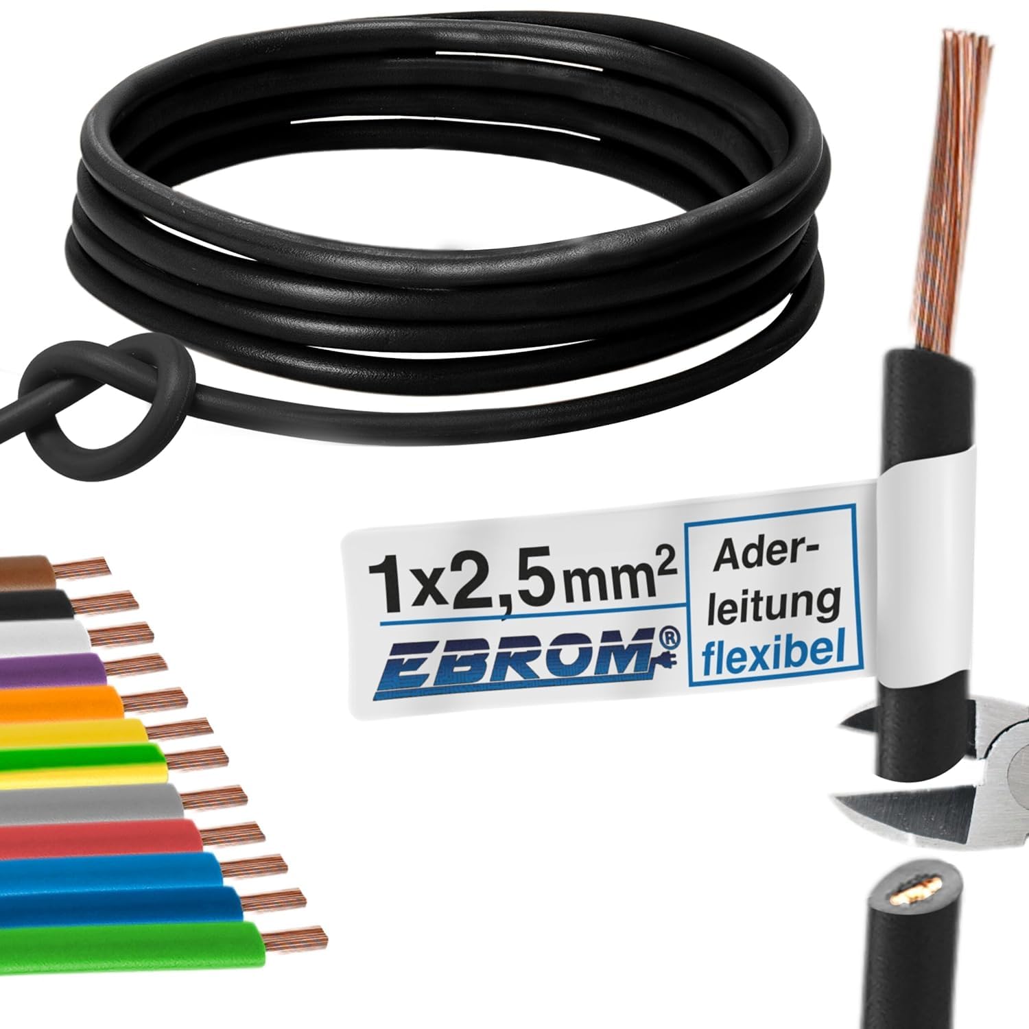 EBROM Wire Cable – Single Core Flexible – PVC Cable – H07V-K 2.5 mm² – Black, 5 m to 100 m, Selectable Lengths