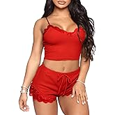RUEWEY Women's V-Neck Sleeveless Pajamas Set Lace Cami Set with Short Pants Sleepwear PJ Set Nightwear