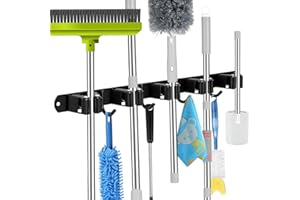 Black Wall Mount 5 Gripper 4 Hooks Mop and Broom Holder Non-Slip Hanger for Kitchen Bathroom Garage Space Saving Tool Storage