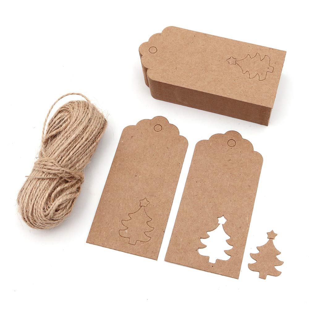 Shiwaki 100 PCS 3.7"x1.8" Christmas Tree Hollow Tags, with Hollow Tree,Rectangle Kraft Paper Hang Tags Labels Wth 65ft Jute Twine Ideal For Crafts Christmas Tags, Price Labels