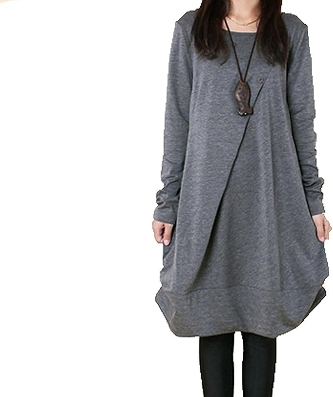 Amazon Co Jp ノーブランド品 ワンピース タック入 ゆったり コクーンシルエット ベーシック ラウンドネック ギャザー 無地 レディース 服 ファッション小物