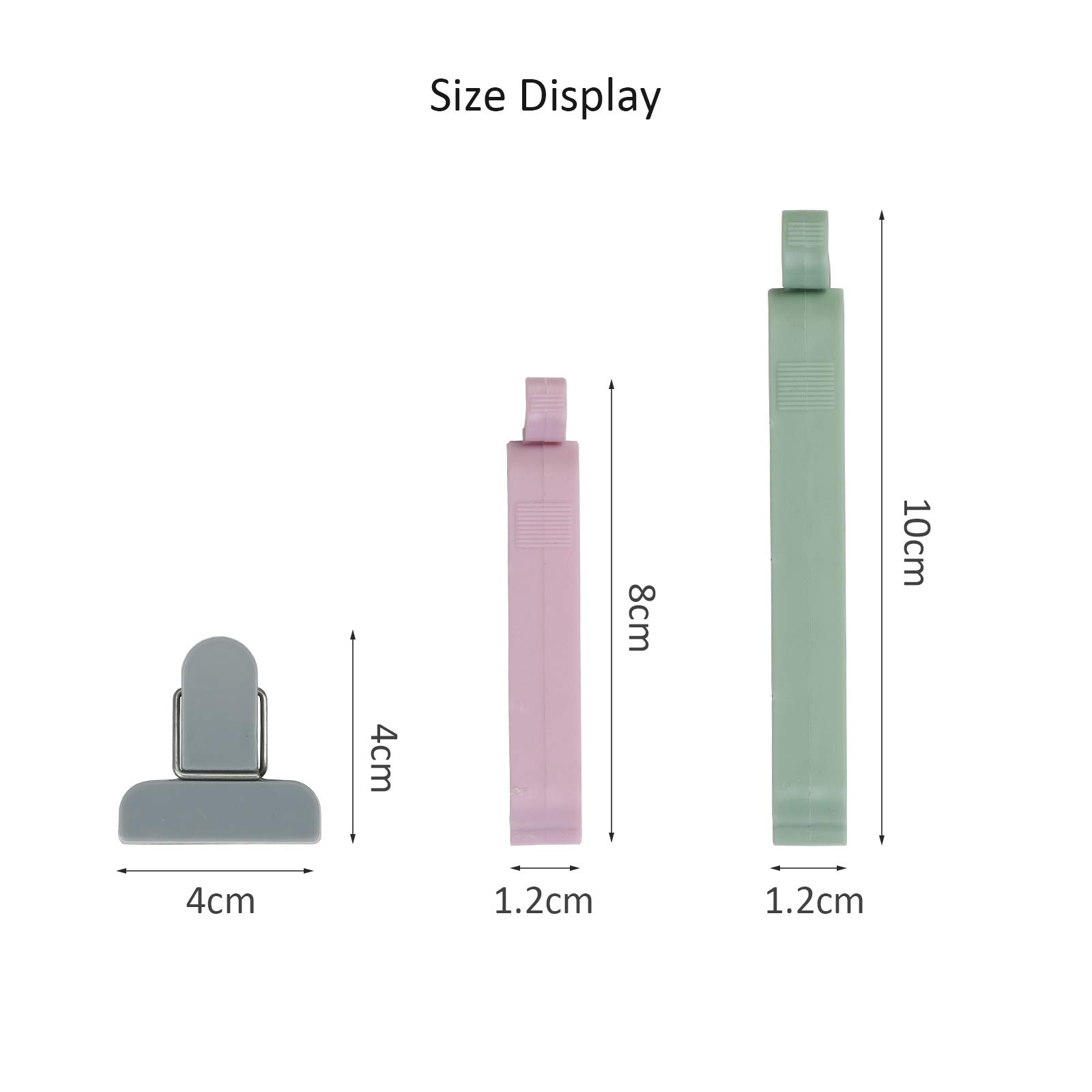 Matogle 48 Stücken Verschlussklammern Verschlussclips Beutelverschluß Klemmen Verschluss für Lebensmittel und Snacks, aus Kunststoff und luftdicht, in 3 Größen(Grün, Grau, Pink)