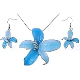 Alilang Silvery Tone Blue Pink Hawaiian Tropical Floral Pendant Necklace Dangle Earrings Set