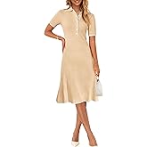 MEROKEETY Women's 2026 Summer V Neck Ribbed Midi Dress Short Sleeve Button Elegant Bodycon Knit Sweater Dresses