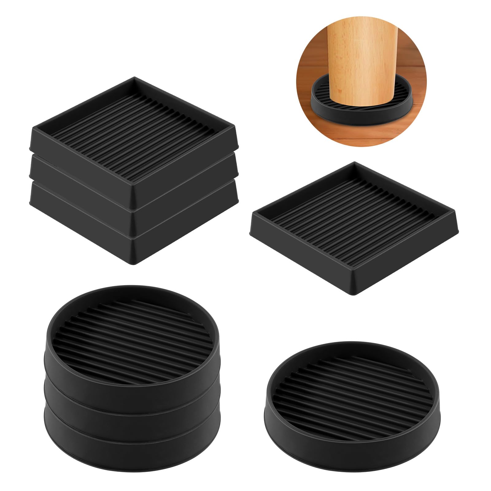 Rustark 8Pcs 50mm 2 Inch Black Round and Square Rubber Caster Cups Non Slip Furniture Coasters Square Pads Hardwoods Floors Protectors Non Skid Square Furniture Feet Caps for Bed Couch Tables Chair
