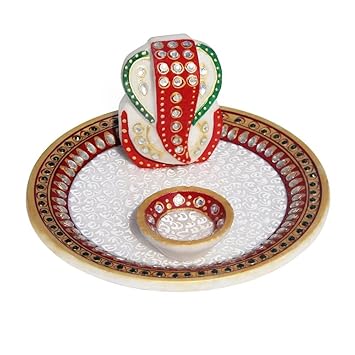 HANDICRAFTS PARADISE Marble KUNDAN Work Pooja/PUJA THALI HPMR15086