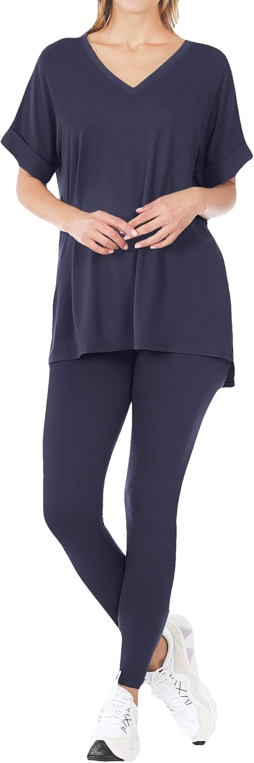 ClothingAve. Womens Ultra Soft Loungewear 2 Piece Set, HI-Low Oversized V-Neck T-Shirt 