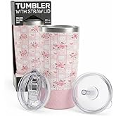 Biddlebee 20oz Tumbler Gift Set with Leakproof Coffee Lid, Straw Lid, and Protective Silicone Boot – Insulated Stainless Steel Travel Mug for Women, Pink Roses Plaid
