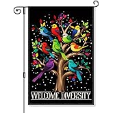 Gkodw Welcome Diversity Garden Flag, Funny Colorful Birds Tree LGBTQ Yard Sign for Outdoor, Equality And Inclusion Inspriational Flag, Pride Month Garden Lawn Porch Home Décor