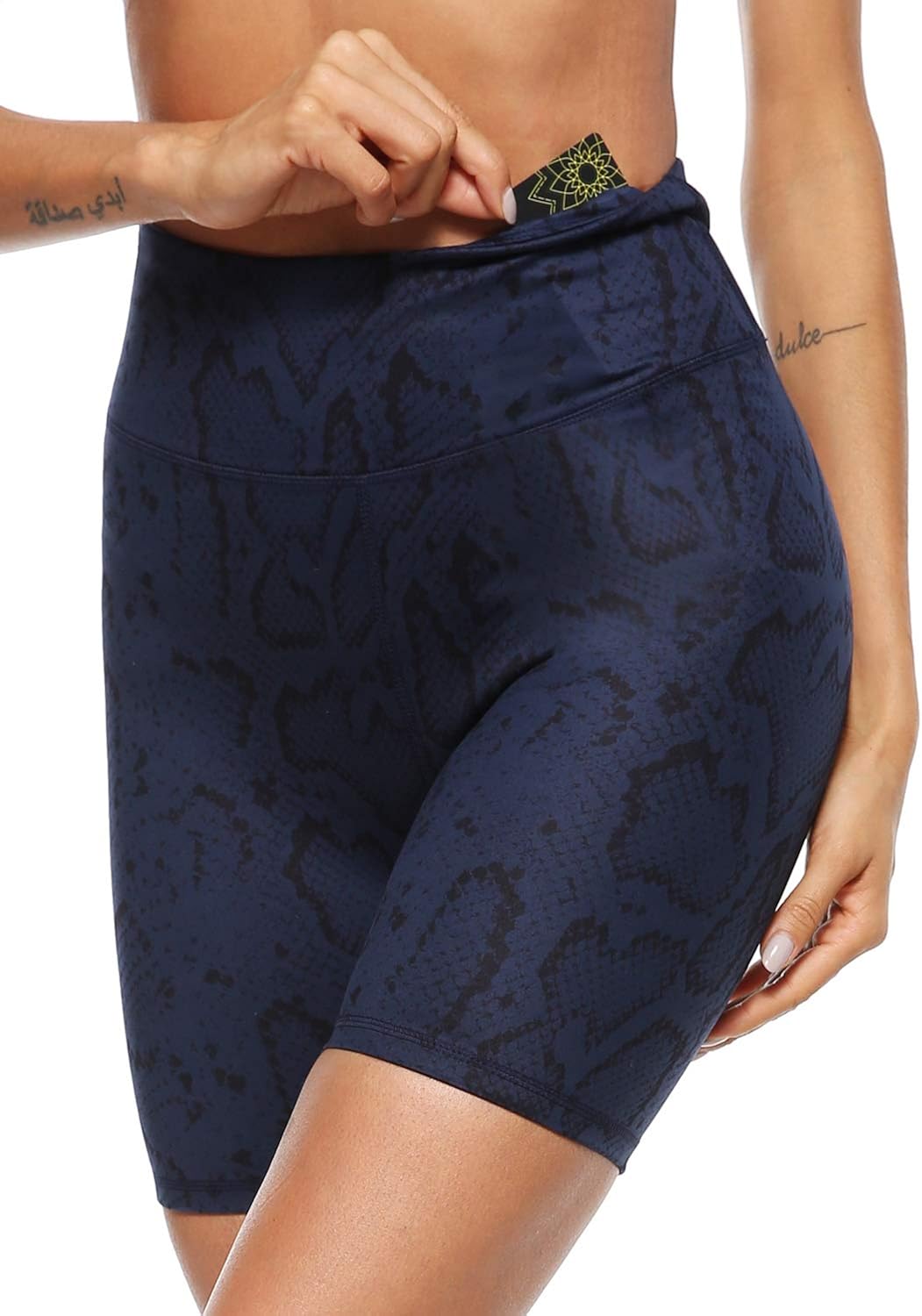 Persit Women's High Waist Print Workout Yoga Shorts with 2 Hidden Pockets, Non See-Through Tummy Control Athletic Shorts: Clothing