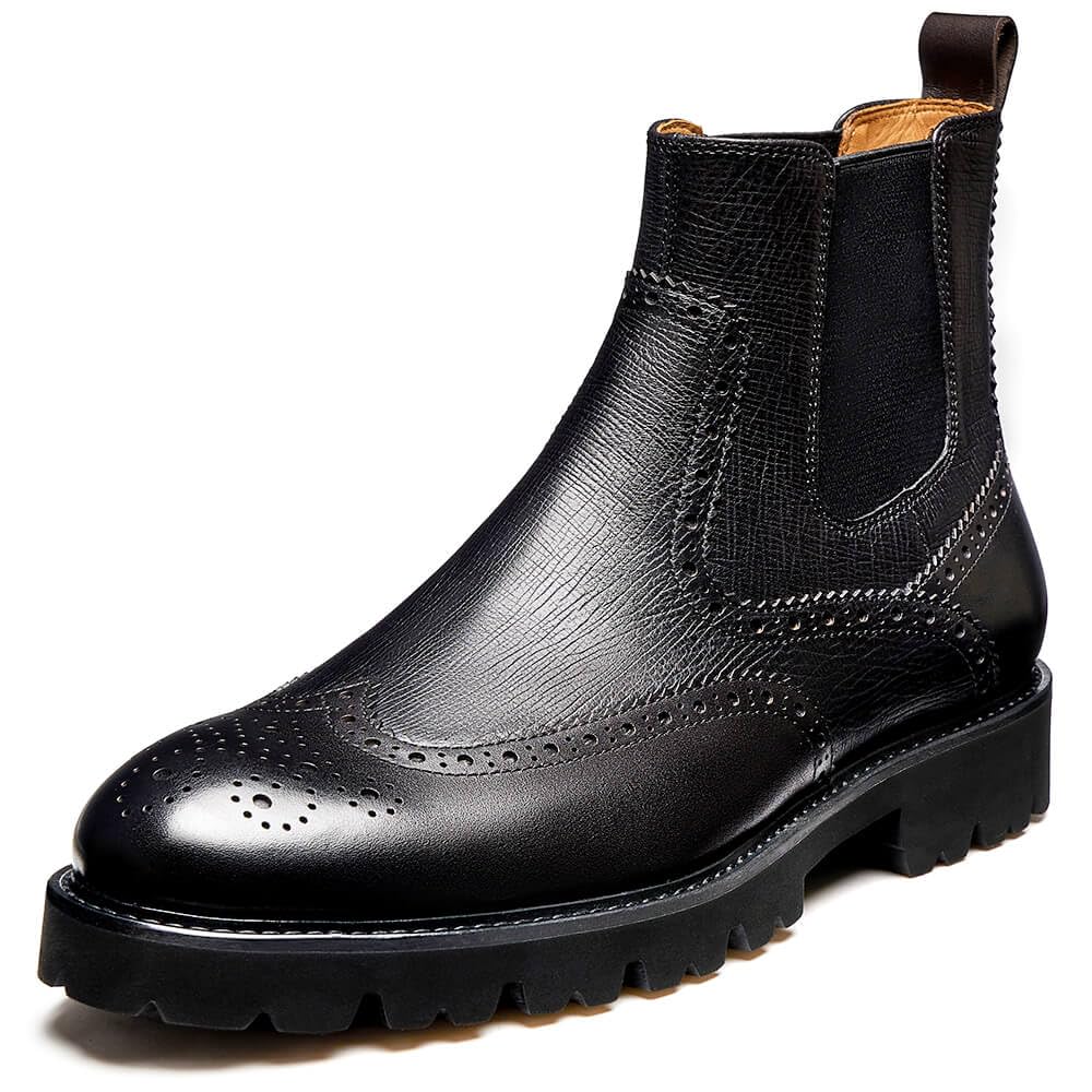 Photo 1 of Jepsen Gord Men's Chelsea Boots Genuine Cowhide Leather Wingtip Dress Boots with Brogue Classic Ankle Boots for Casual and Formal Wear, Black, 11