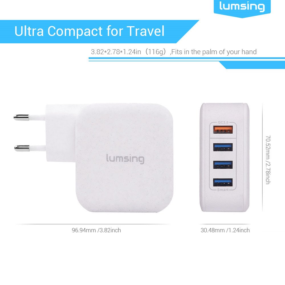 Lumsing Caricabatterie da muro 4 Porte USB (3 Porte Intelligenti + 1 Porta Quick Charge) Caricatore Portatile da Viaggio per iPhone, Samsung, HTC, Nokia iPad, iPod, Nexus - Bianco