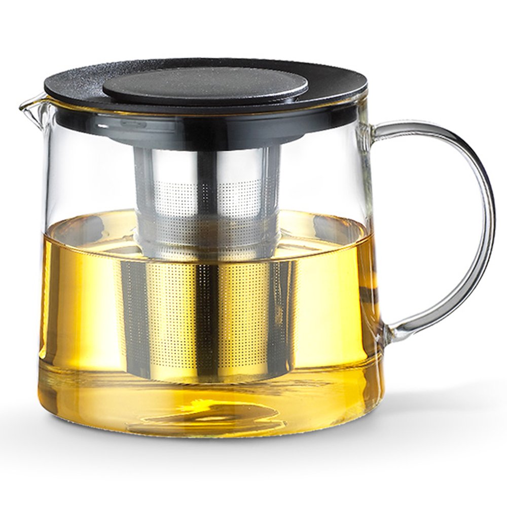 TAMUME 1500ml Boroscilicate Glass Teapot with Stainless Steel Strainer and Flat Lid with Lock Design (1500ML)