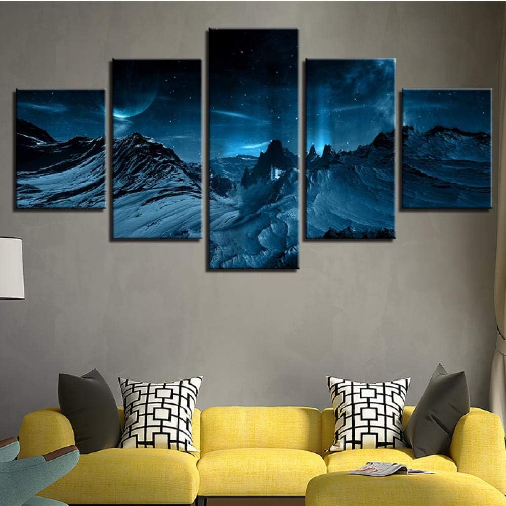 Canvas Painting Wall Art Home Decor 5 Pieces Blue Aurora Borealis Snow Mountain Modern HD Printed Night Scene Pictures-30x40 30x60 30x80cm No Frame
