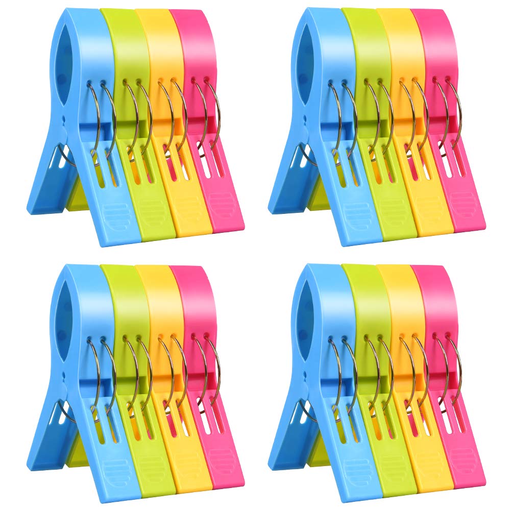 URAQT Beach Towel Clips, 16 Pcs Large Laundry Clip Towel Pegs, Bright Color Plastic Quilt Clips for Sunbeds, Sun Loungers, Pool Chairs, Laundry