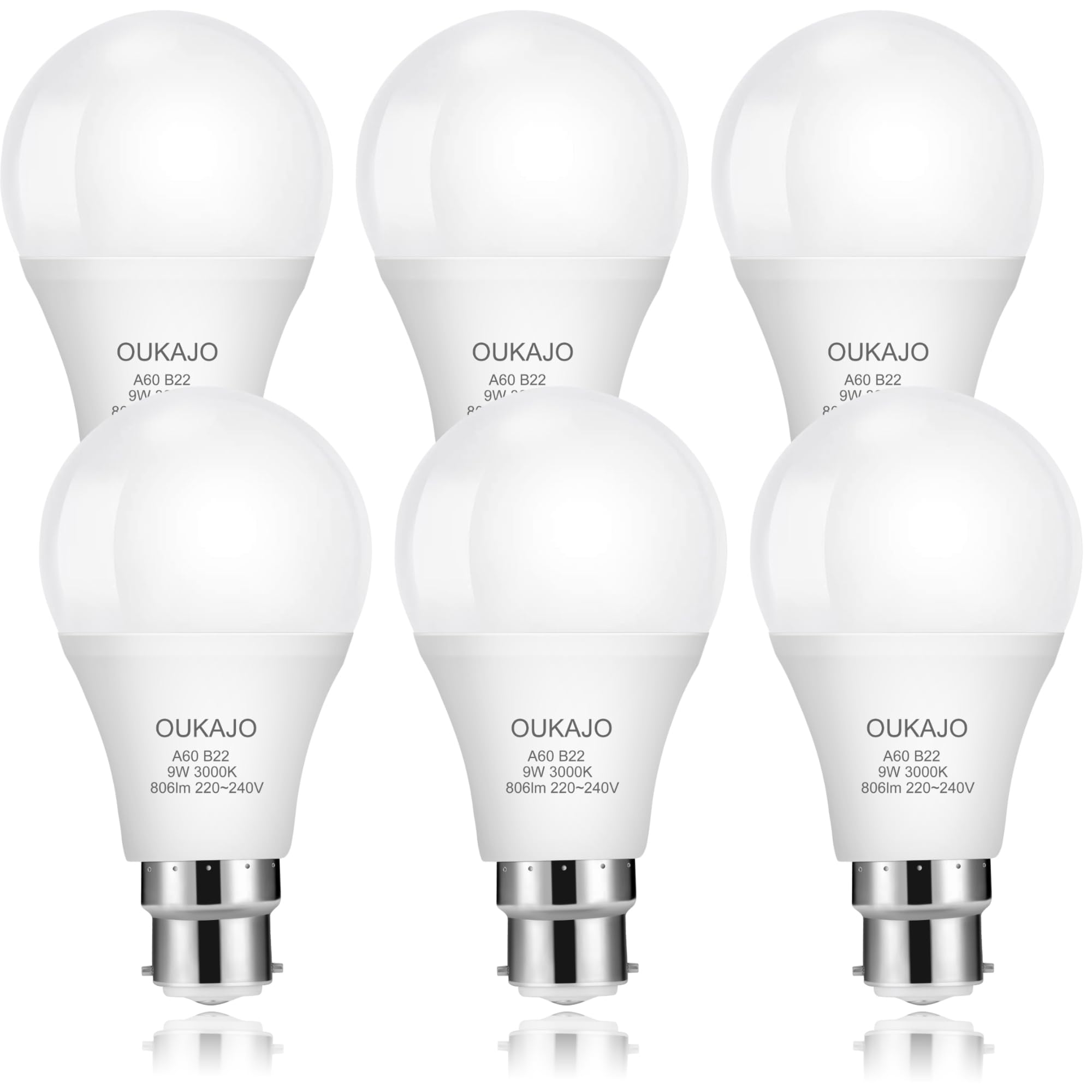 OUKAJO Bayonet Light Bulb 60w Equivalent, B22 LED Bulb 9W, Warm White 3000K, 806 Lumen,A60 BC GLS Energy Saving Light Bulb, Non Dimmable, 6 Pack