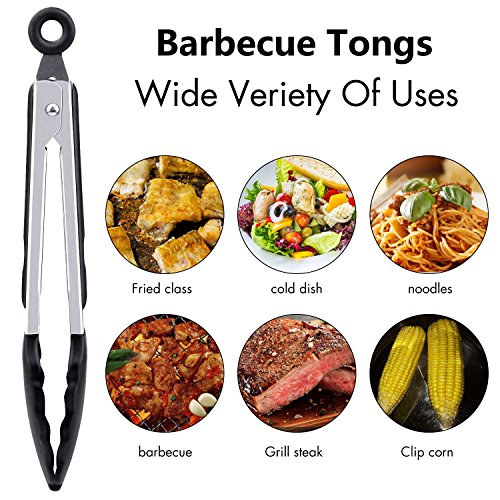 Cooking Tongs, AUKUYEE Food Tongs Kitchen Tongs of 3 Set 7,9,12 Inch Nonstick Stainless Steel Silicone Tips, Heat Resistant, Locking, Ergonomic Grip for BBQ, Grill, Salad, Cooking (Black)