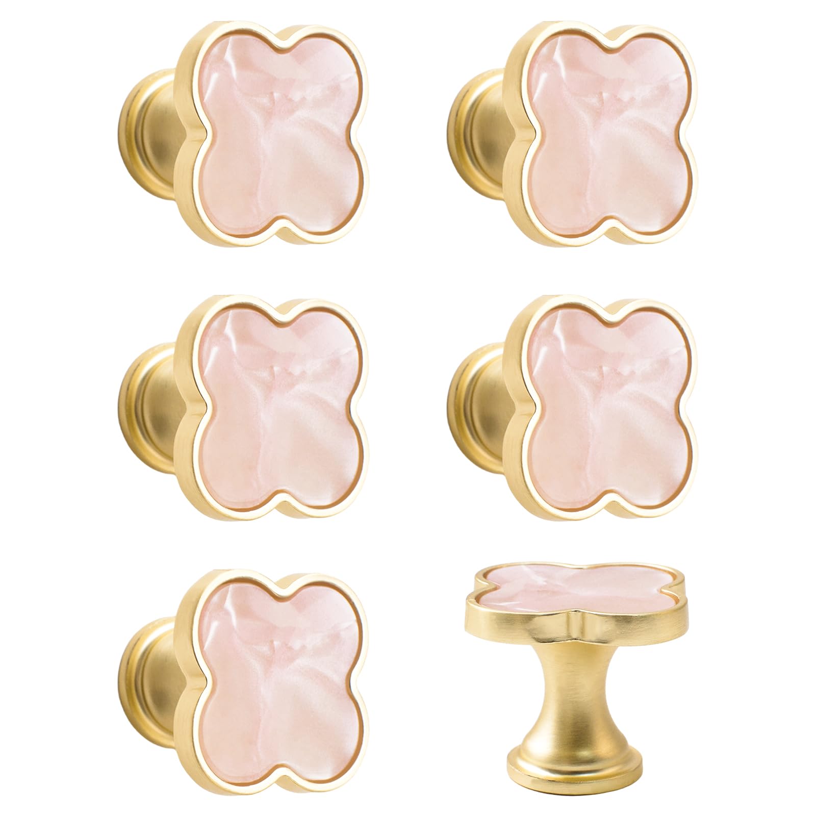 MOROBOR 6 PCS Four-Leaf Clover Handle, Creative Cabinet Drawer Pulls Multifunctional Single Hole Zinc Alloy Knobs for Dresser Wardrobe Door Furniture Accessories/Gold Base with Pink Surface — image 1