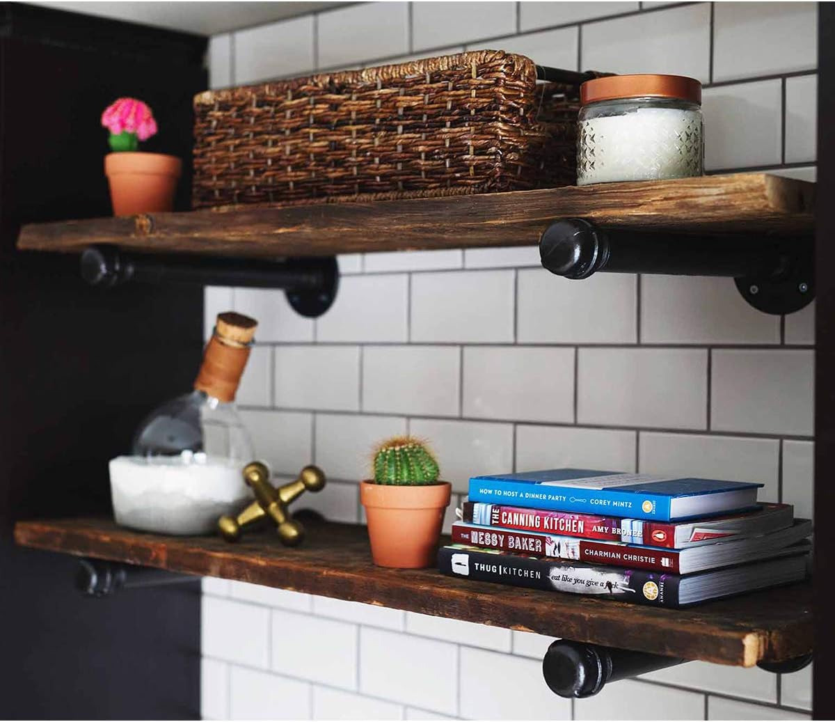 Pipe Shelf Brackets 8 Inch, Industrial Black Metal Wall Pipe Floating Shelf Bracket Heavy Duty Decorative Shelving Brackets for Wood Shelves, Rustic Farmhouse Vintage Style - 6 Pack: Home Improvement