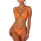 ForBeautyShe Women's Sexy Thong Bottom Two Piece Bikini Double Shoulder Straps Cute Swimsuit Triangle Bathing Suit