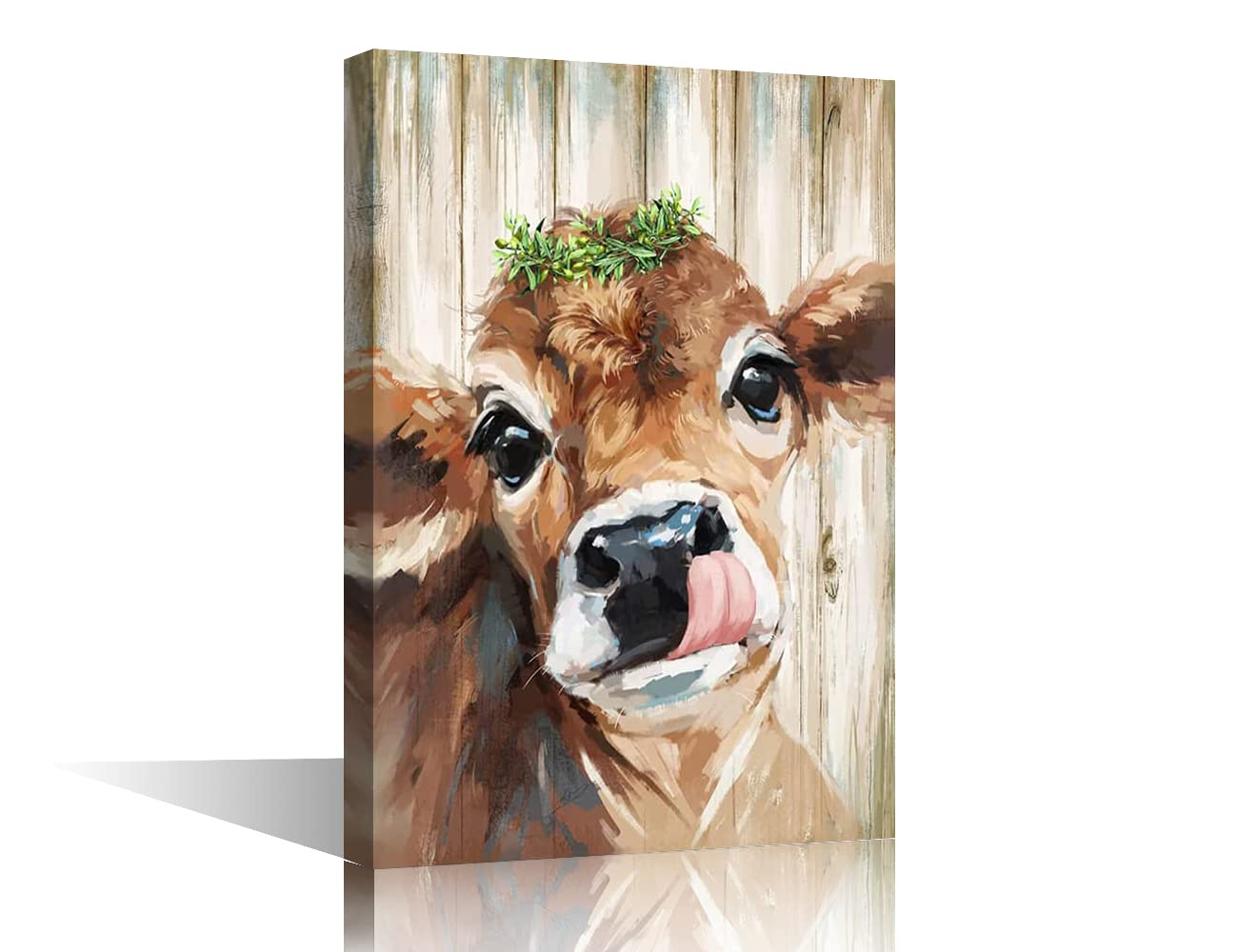 Canvas Wall Art Cute Cow Bathroom Prints Oil Painting Artwork for Bedroom Living Room Home Farmhouse Decor Stretched and Chic Framed Ready to Hang, 12x8in — image 1