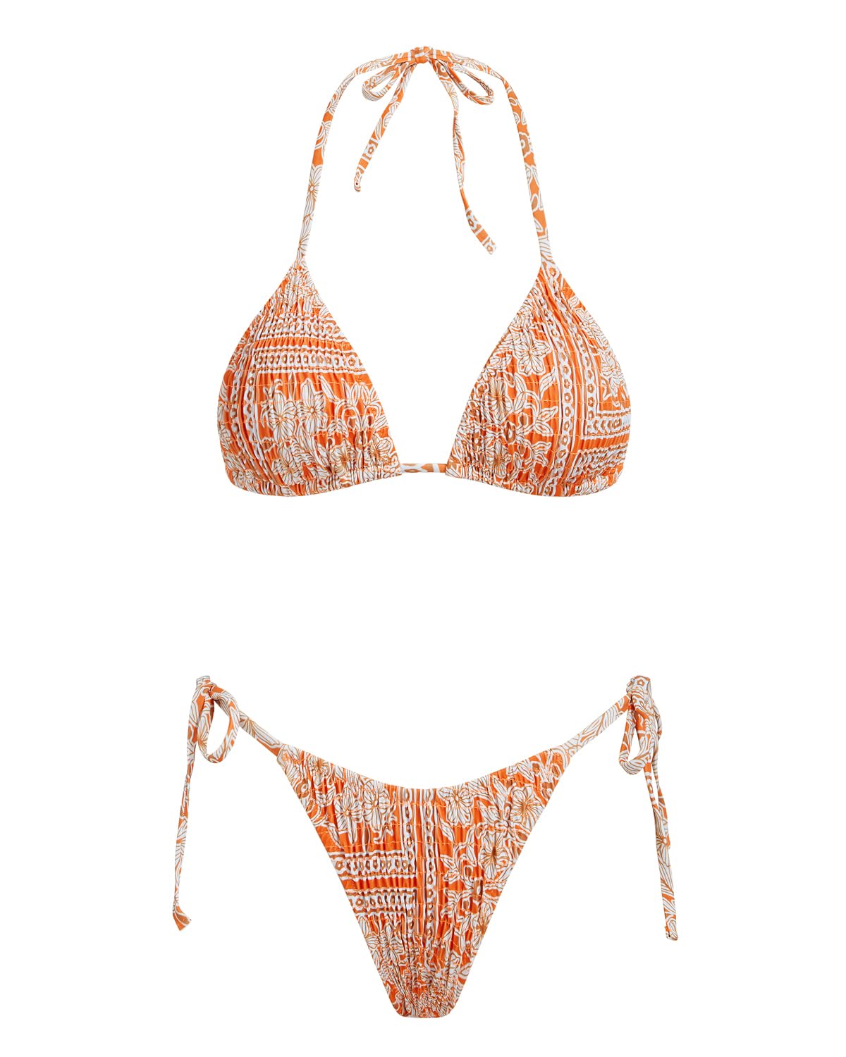 Photo 1 of VOLAFA Women's Triangle Bikini Set String Swimsuit Print Tie Smocked Ruched Two Piece Bathing Suit (Medium, Orange5)