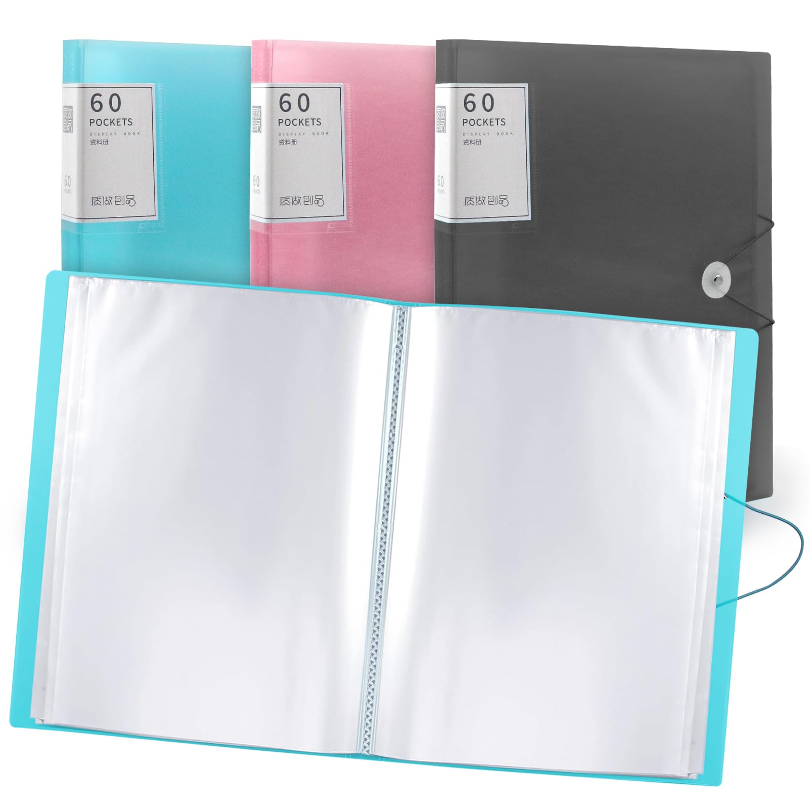 A4 Display Folder,60 Pockets A4 Display Folders, Display Book Folder with Plastic Sleeves and Safety Rope Presentation Folders Document Project Folders for School and Offices (Blue
