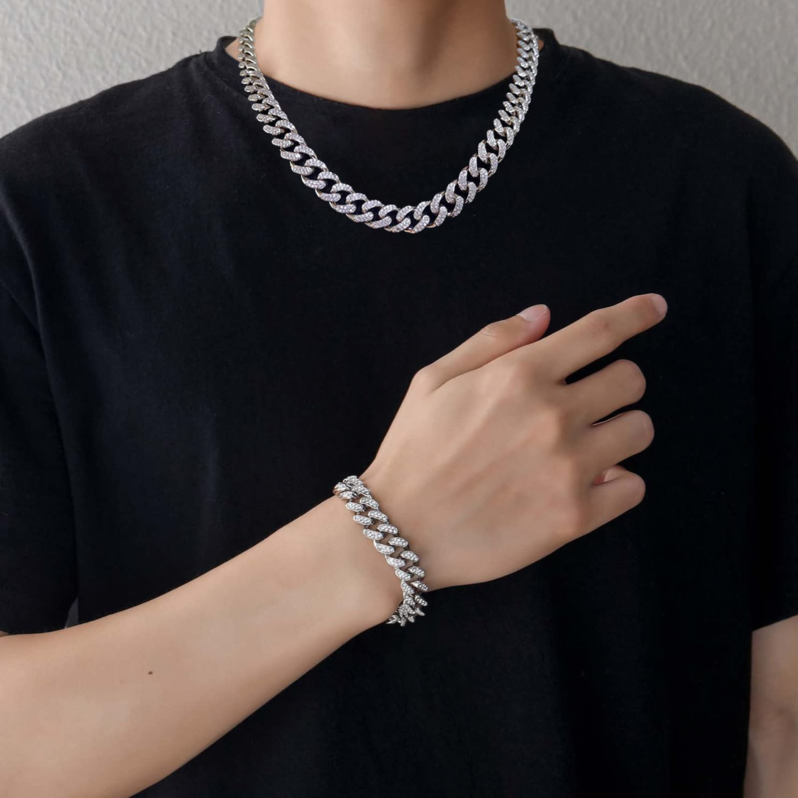 GIHENHAO Cuban Link Chain for Men,Silver Necklace and Bracelet,Miami Cuban Chains,Bling Diamond Chain for Hip Hop Jewelry