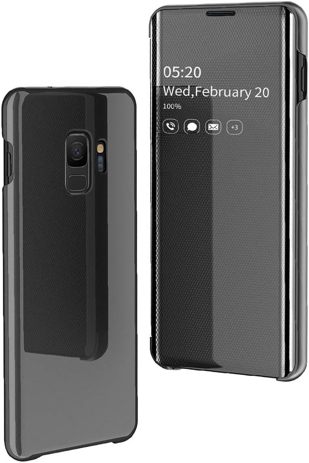 Case for Samsung Galaxy S9, Mirror Smart Clear View Flip Back Case PU Leather PC Backcover Ultra Thin Slim Shockproof Full Body Protection Makeup Plating Cover - Black