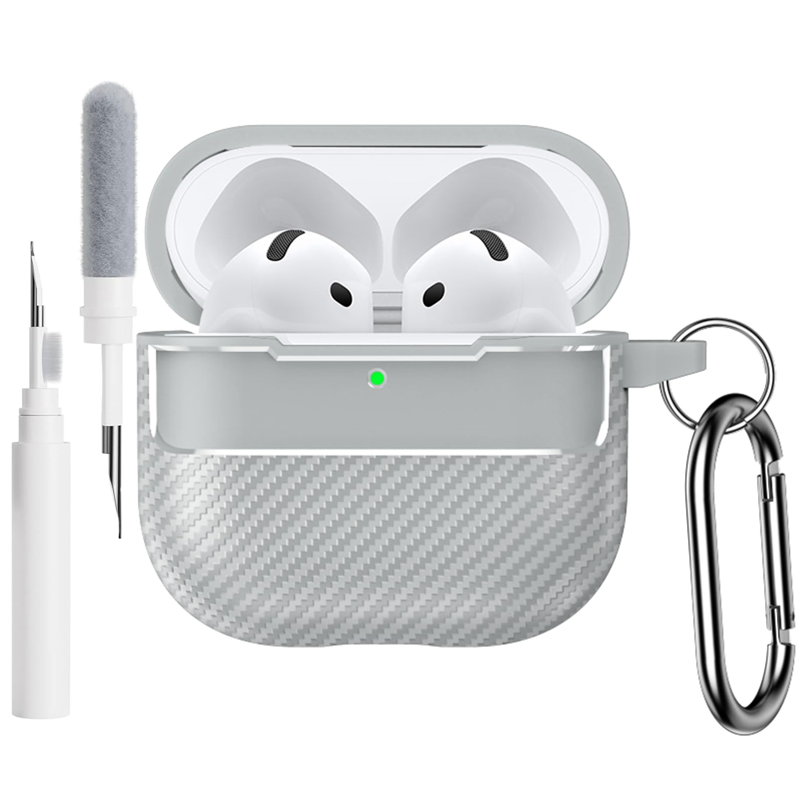 SEIAIYG Case Compatible with AirPods 4 2024, TPU Shockproof Case Cover, Carbon Fiber Texture with Keychain Cleaning Pen, Grey