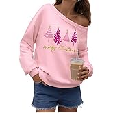 UNIQUEONE Christmas Sweatshirts for Women off Shoulder: Merry Crewneck Sweater Xmas Long Sleeve Pullover Top