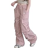Ecolala Girls Cargo Parachute Pants Elastic Waist Wide Leg Streetwear Hip Hop Dance Trousers with Pockets