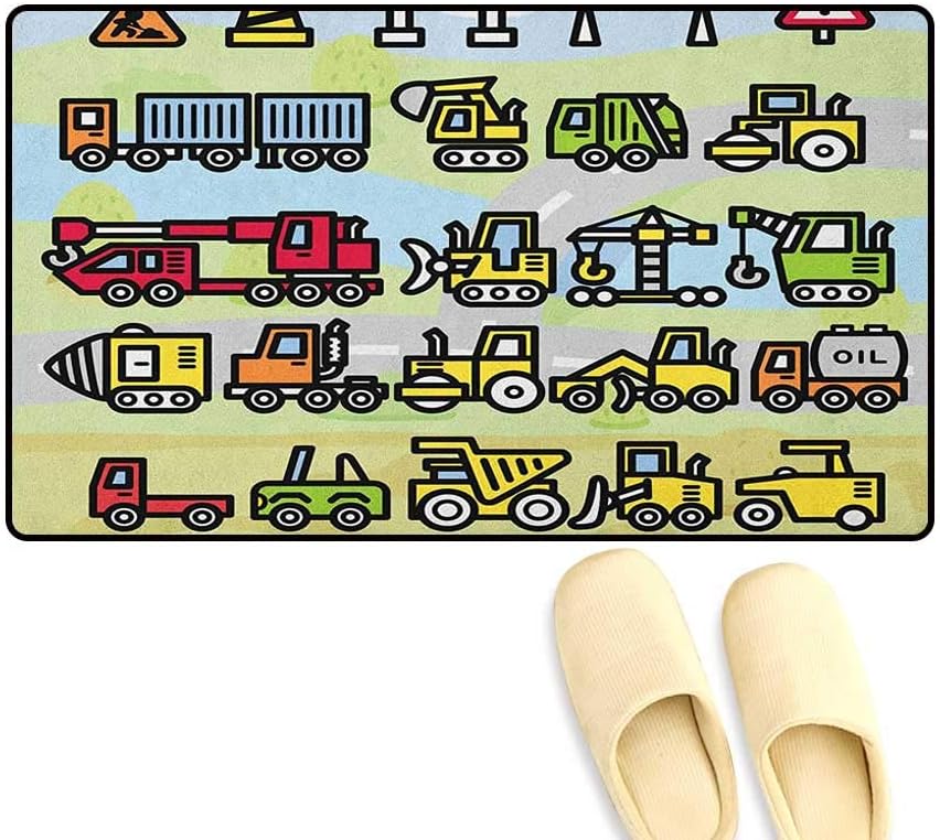 zojihouse Boys Floor mat for tub Excavator Loader Machines Signs and Vehicles in Cartoon Style Drawing for Toddlers Size:16"x24" Multicolor