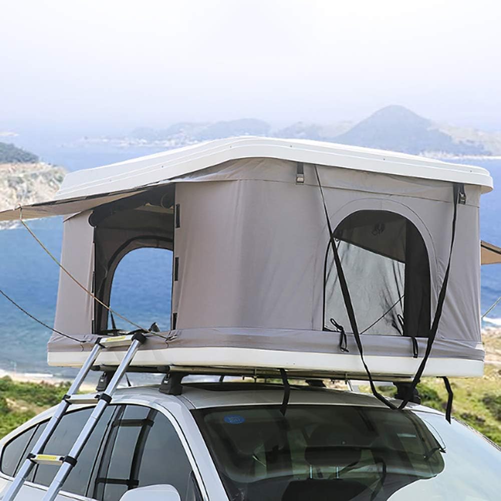 LMHX 2-3 Adults Car Roof Tent Automotive Rooftop Tent Awnings Camping Gear, White Shell + Gray Tent