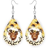 Yellow Sunflower Highland Cow Earrings, Sunflower Leopard Print Cow Earrings
