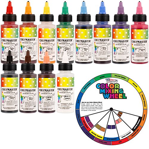 U.S. Cake Supply Airbrush Cake Color Set - The 12 Most Popular Colors in 2.0 fl. oz. Bottles with Color Mixing Wheel - Safely Made in the USA product