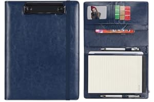 Wonderpool A5 PU Leather Clipboard Partfolio Notepad Forms Holders Document Case - Interview Planner Meeting Writing Padfolio File for Office Travel School Hotel Hospital (A5,Blue)