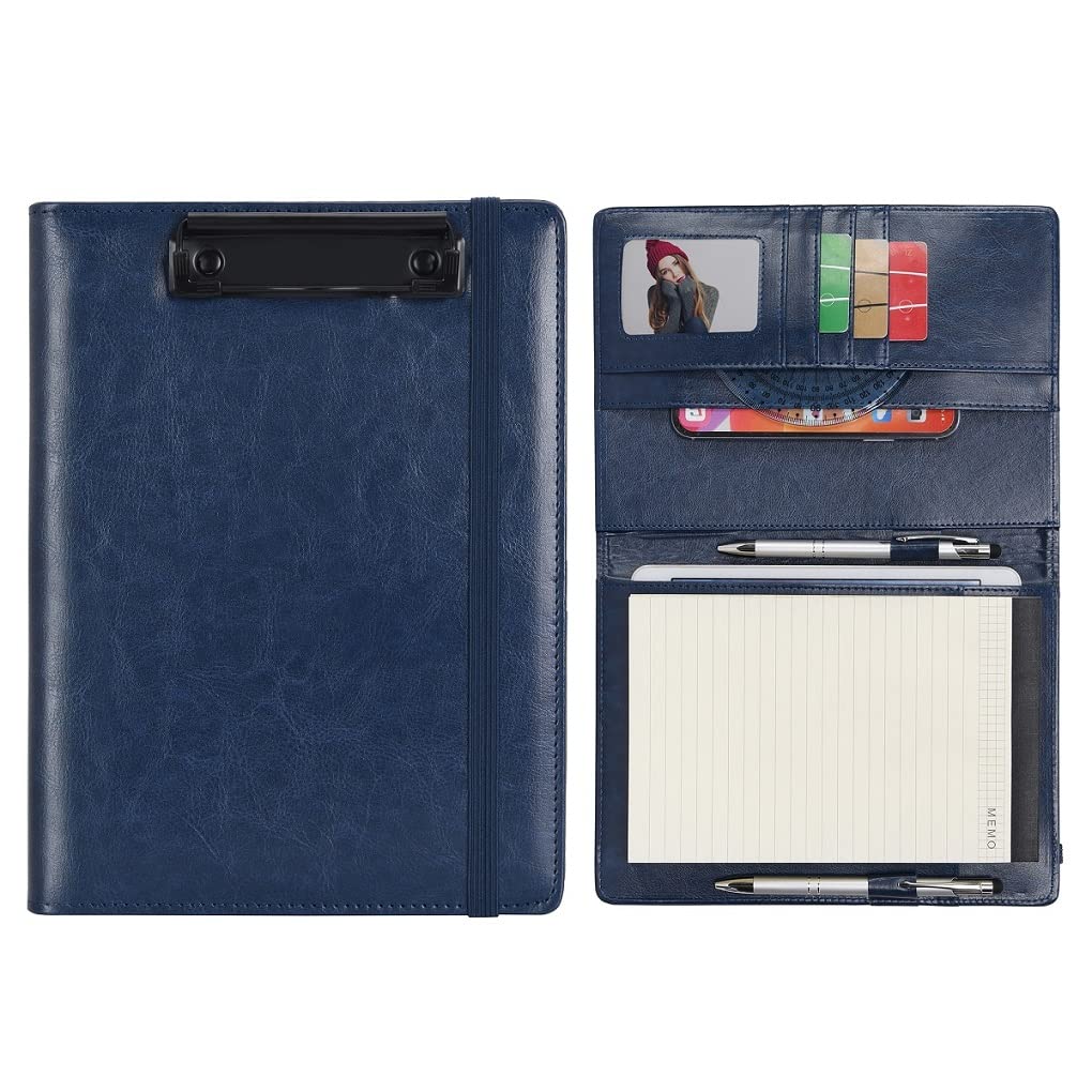 Wonderpool A5 Faux Leather Clipboard Partfolio Recipe Binder Notepad Forms Holders Document Case - Interview Planner Meeting Writing Padfolio File for Office Travel School Hotel Restaurant (A5,Blue)