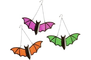Senflame Halloween Bat Decoration​ - 3 Pack Metal & Glass Outdoor/Indoor Bat Decor with 13"x5.7" Realistic Bats in Green, Purple, Orange for Garden, Yard, Wall - Waterproof Scary Party Supplies