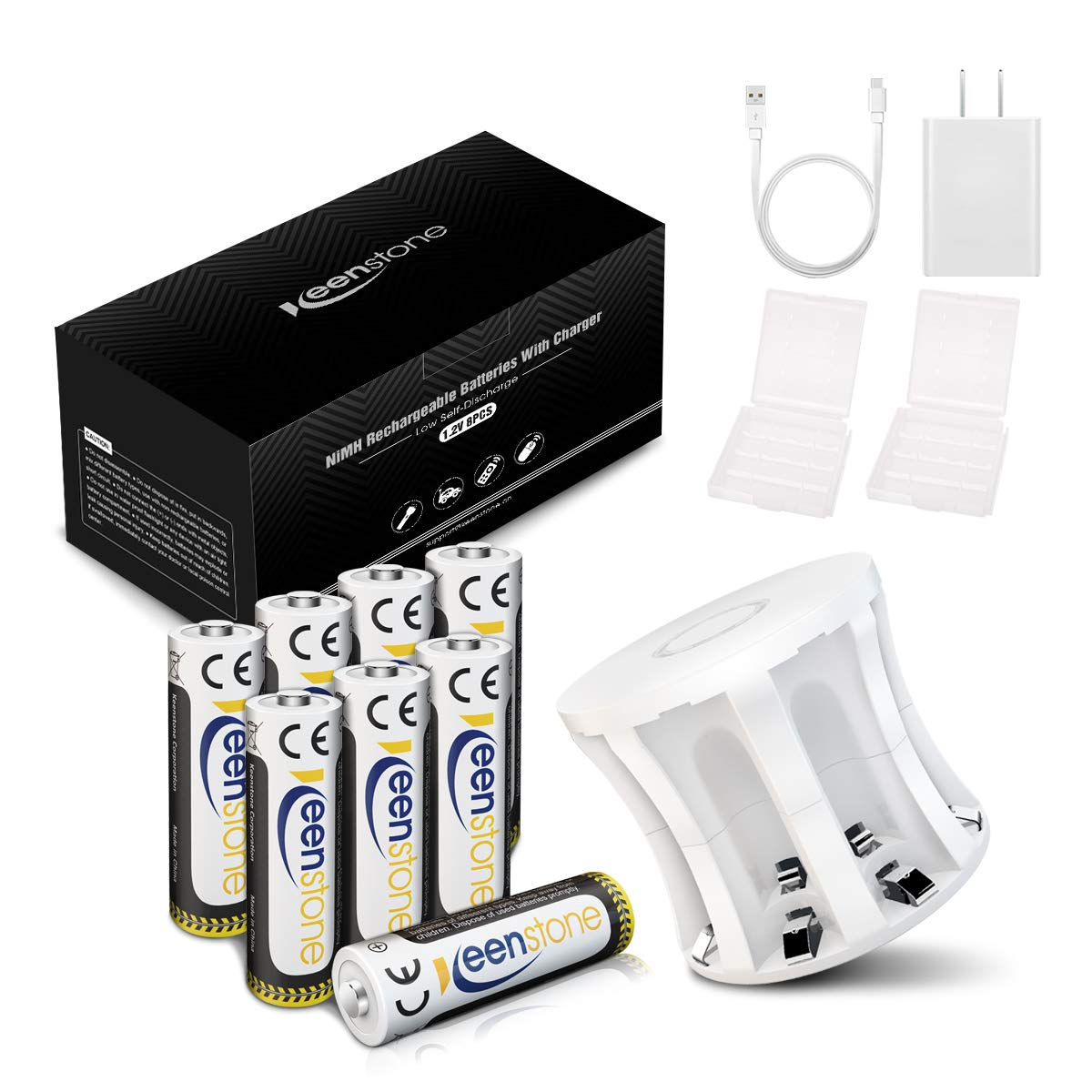 Keenstone 8 Bay Battery Charger with Rechargeable AA Batteries NiMH 1.2V 2400mAh High Capacity Low self-Discharge Battery More Long Lasting