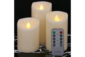 7LinRay Flameless Flickering Candles with Remote and Timers, 1000 Hours Waterproof Outdoor Indoor Battery Operated LED Pillar Candles, Ivory Plastic, Set of 3(D 3" x H 4" 5" 6")