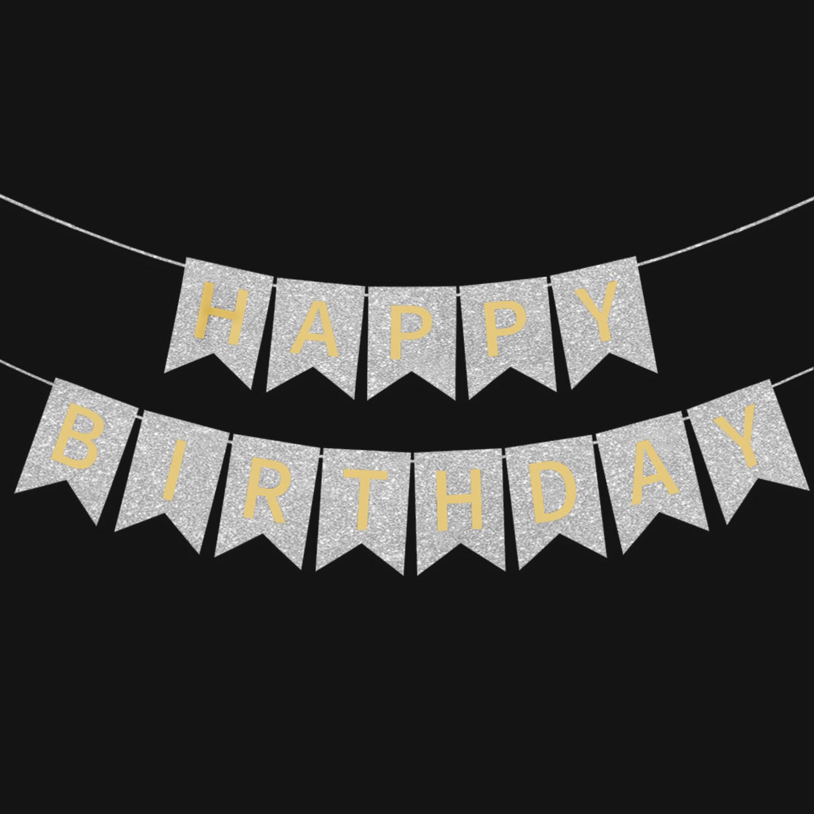Silver Happy Birthday Banner - 16 ft Pre-Strung Gold & Silver Birthday Party Decorations Sign for Girls, Boys, Kids, Women - No DIY Hanging Backdrop for Indoor & Outdoor Celebrations