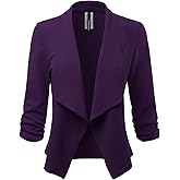FASHIONOLIC Women's Stretch 3/4 Gathered Sleeve Open Blazer Jacket (Made in USA)
